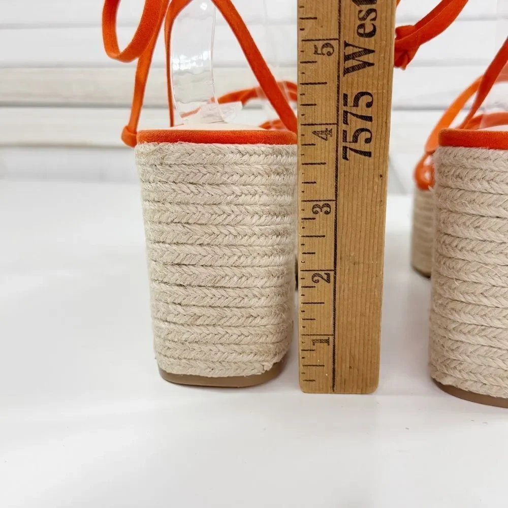 Nine West Riplee Platform Espadrille Ankle Wrap Strappy Sandals Orange 8.5